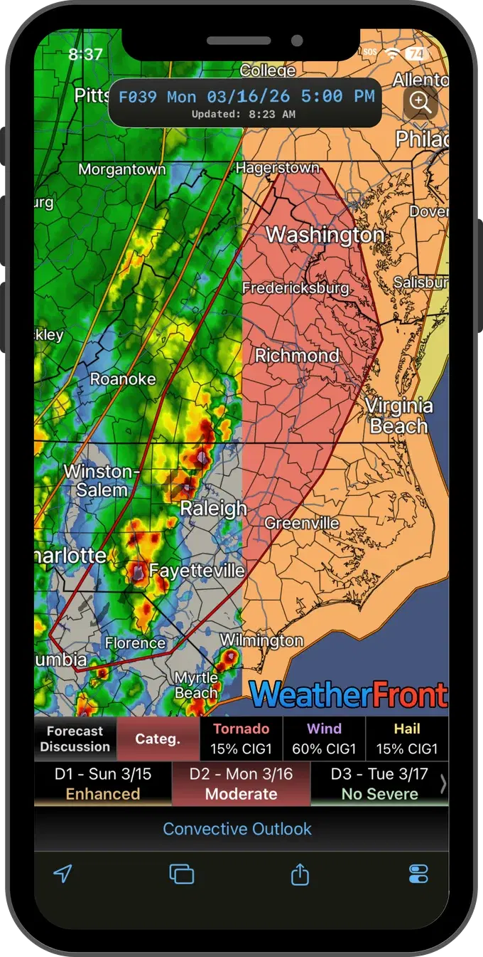 WeatherFront app showing radar and severe weather outlooks on a phone