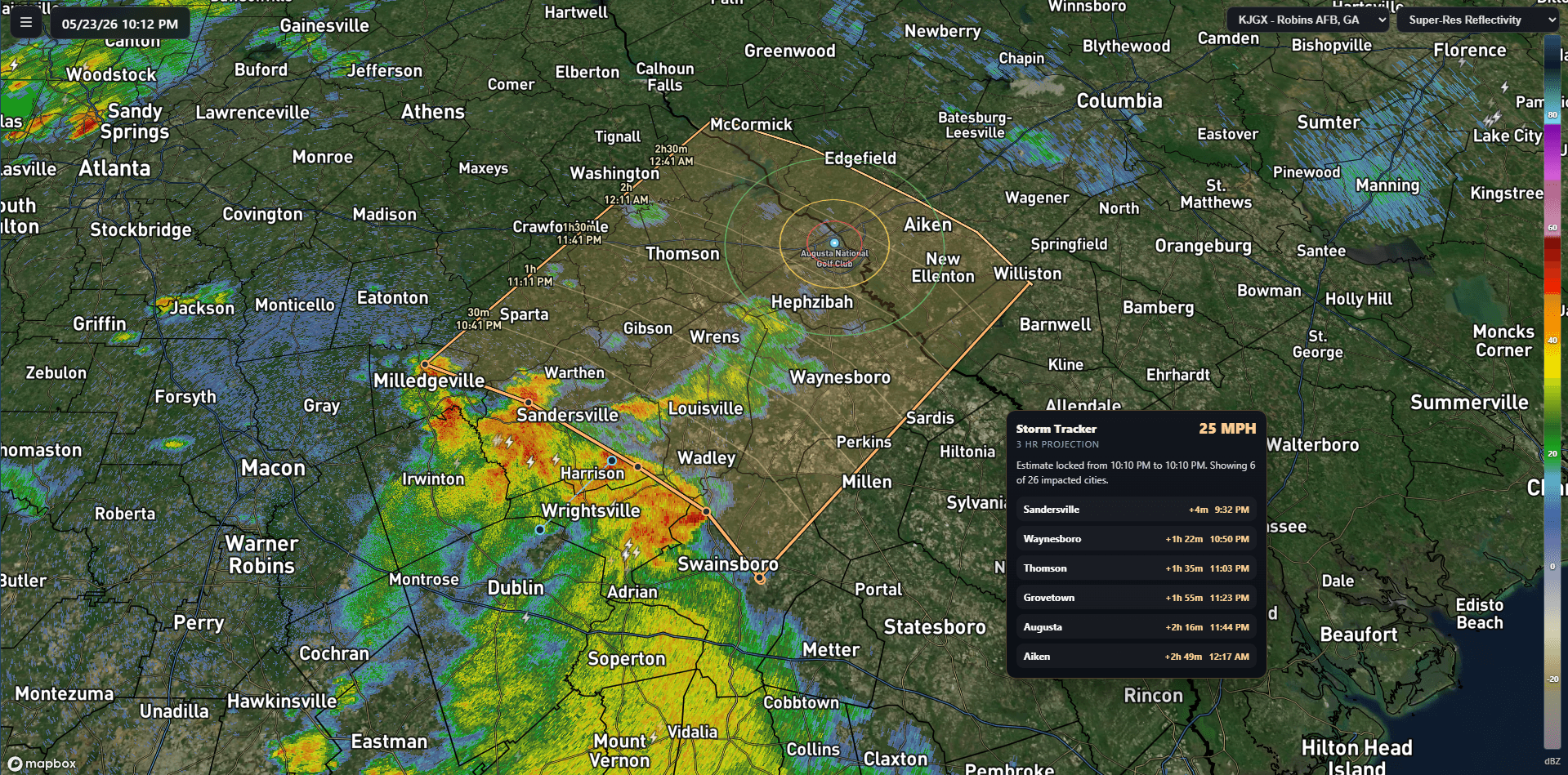 WeatherFront storm tracker with range rings and estimated arrival times